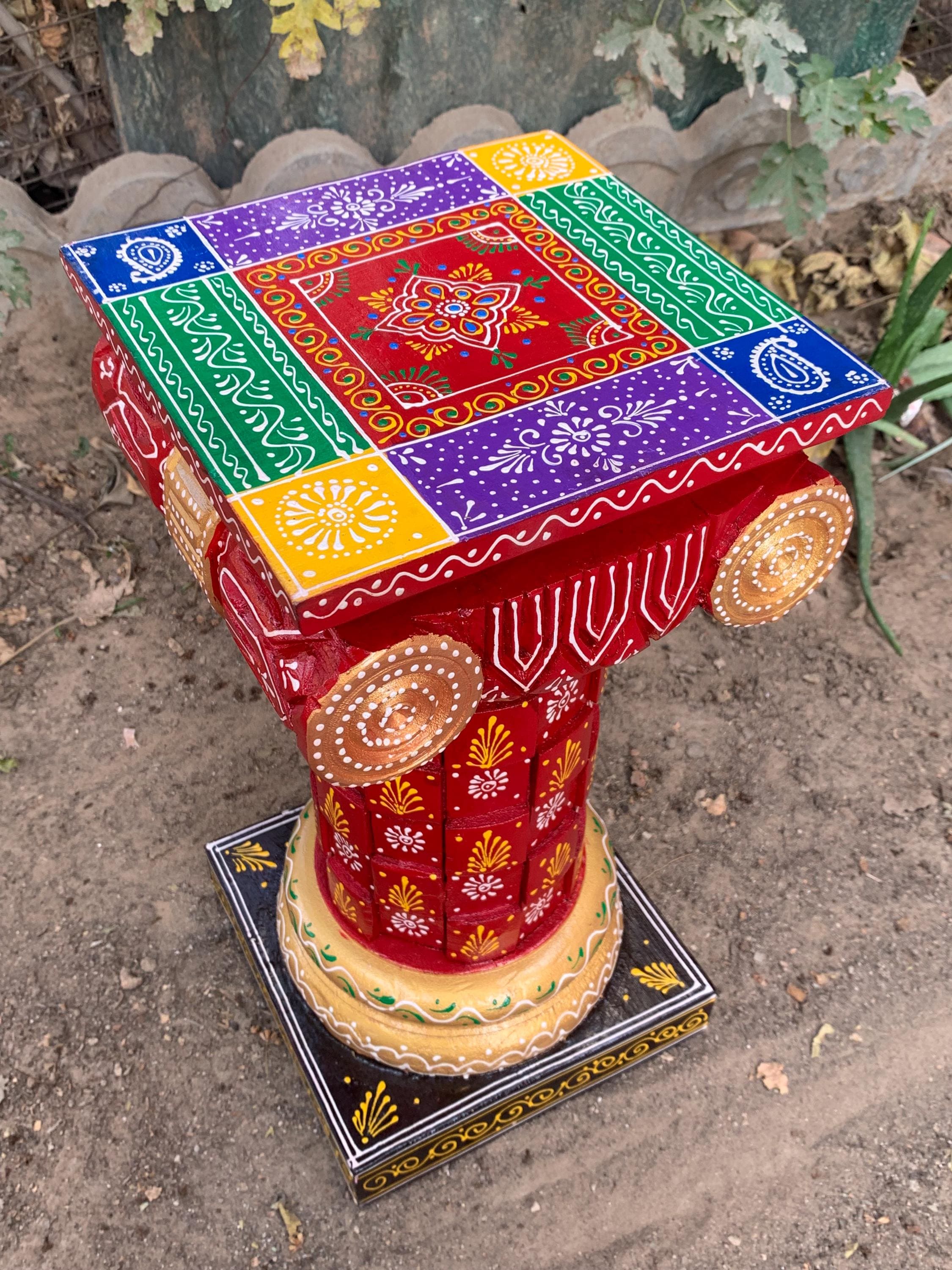 

Handcrafted Mango Wood Pedestal Stand Colorful Indian Decor 16” X 8” X 24” (l x w x h) разноцветный