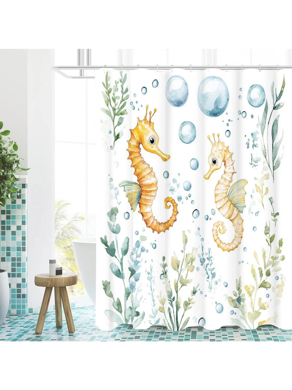 

Sea World Hippocampus Bathing Curtain Bathroom Nordic Green Leaf Shower Curtain Waterproof With 12 Hooks Home Deco W60H190(CM)-1 Pcs