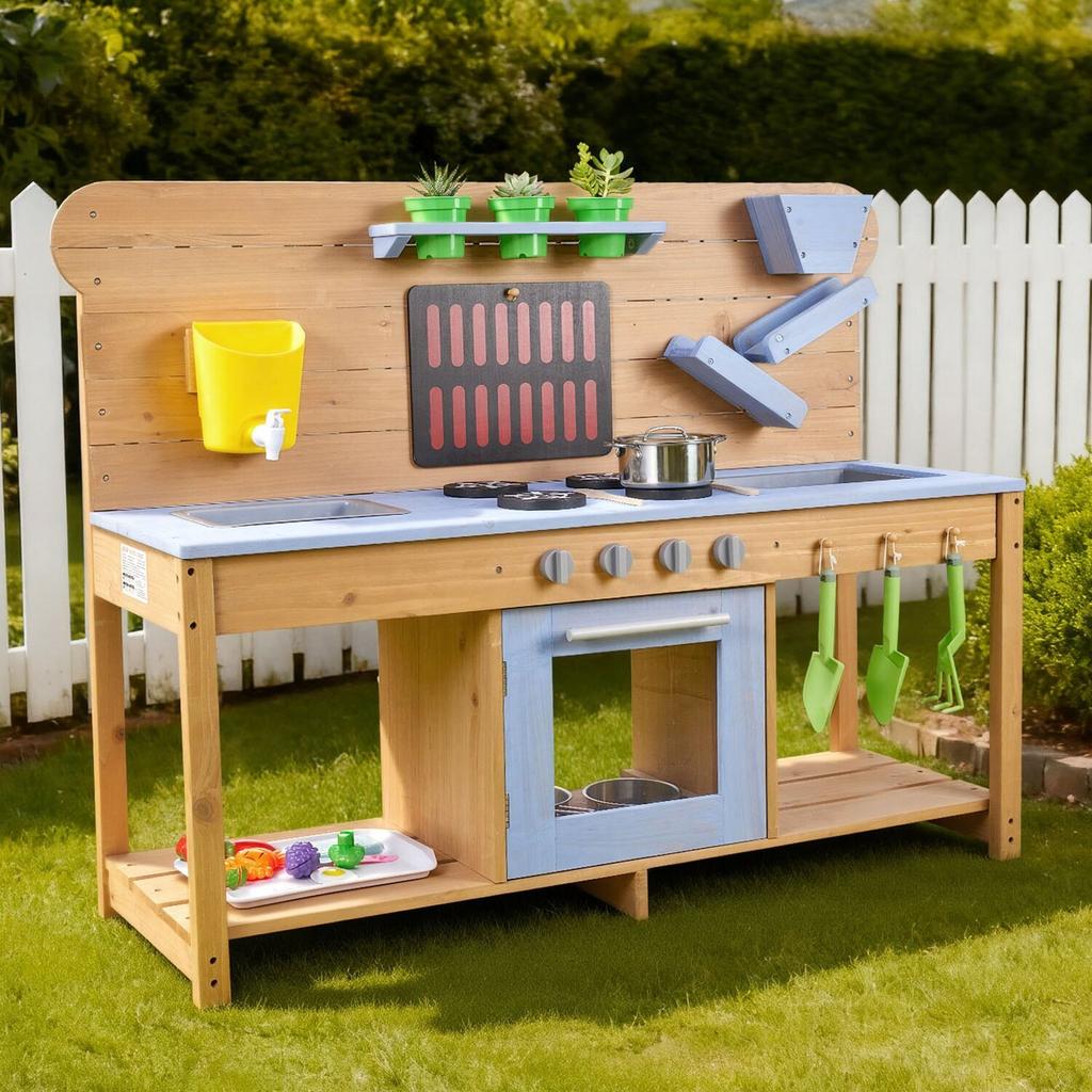 Mud Kitchen, Outdoor Mud Kitchen for Kids, Wood Outdoor Play Kitchens with Stoves, Hooks, Double Sinks, Planting Shovels, Spatulas, Cookware Pots and