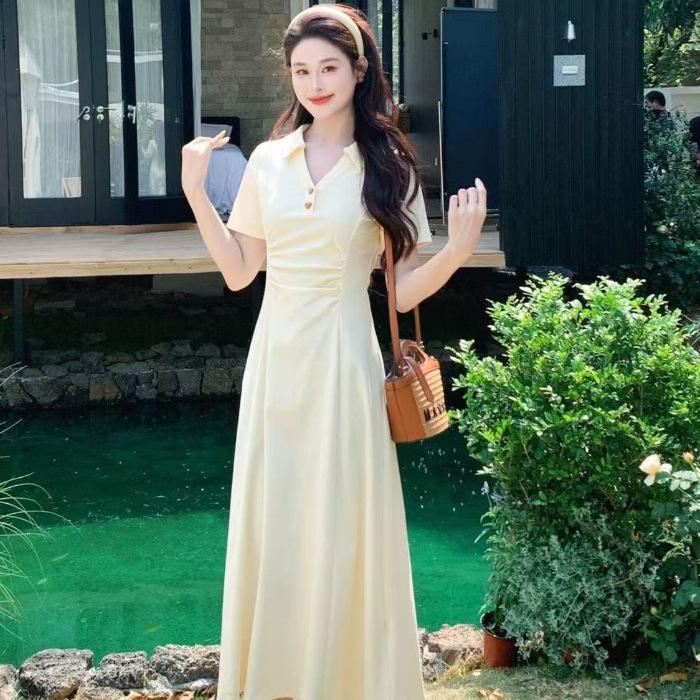 

French temperament POLO collar waist thin temperament explosive dress dopamine solid color elastic versatile long skirt S