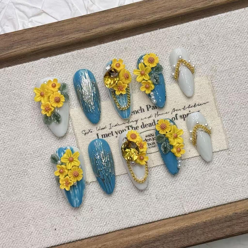 Square Press On Nails Almond Fake Nails French Tip False Nails with 3D Design Full Cover Acrylic Glue On Nails Artificial Stick On Nails for Women