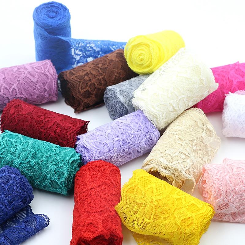 Buntes elastisches florales Spitzenband DIY Bekleidung Nähstoff 8cm breit Schwarz Weiß Rot Rosa Blau Lila Grün Gelb Spitzenband