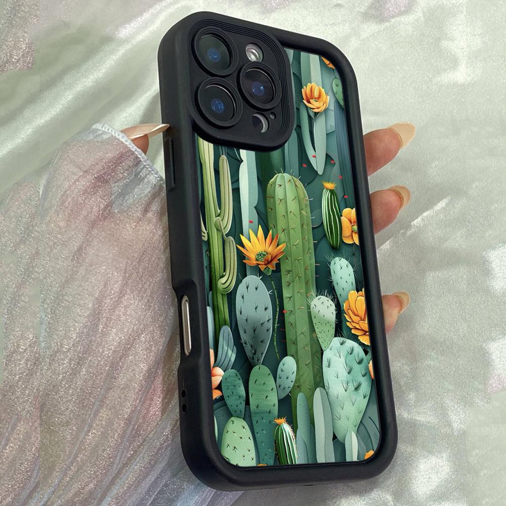 JT109 Cactus Plants Illustration for iPhone 17 16 15 Pro Max Samsung S26 S25 S24 Ultra A17 A16 A07 A56 Xiaomi 15T Redmi 15c 14C Soft TPU Case
