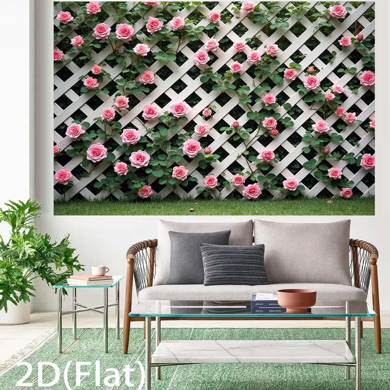 1pc, 2D flat, pink rose climbing white wire mesh fence banner, suitable for birthday celebrations and background banners, wsj