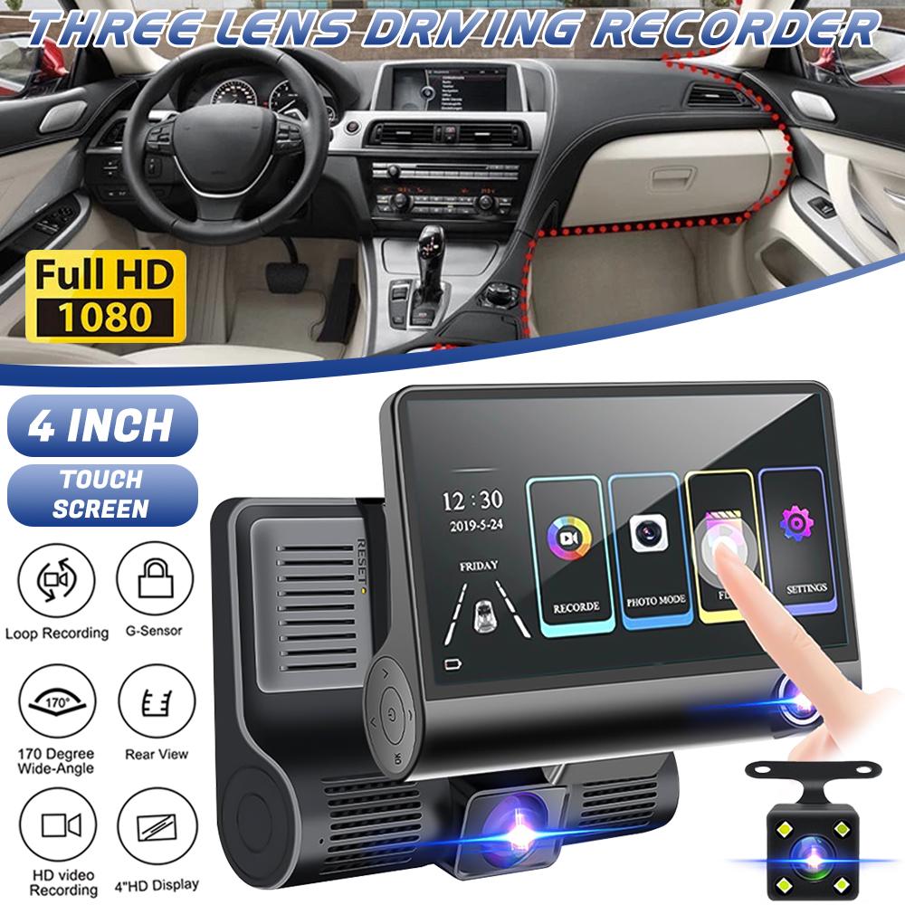 4 дюйма 3 камеры Видеорегистратор на лобовое стекло Камера заднего вида Ночное видение Мониторинг парковки Автомобильный видеорегистратор 3-канальный Автомобильный видеорегистратор С подарком United States