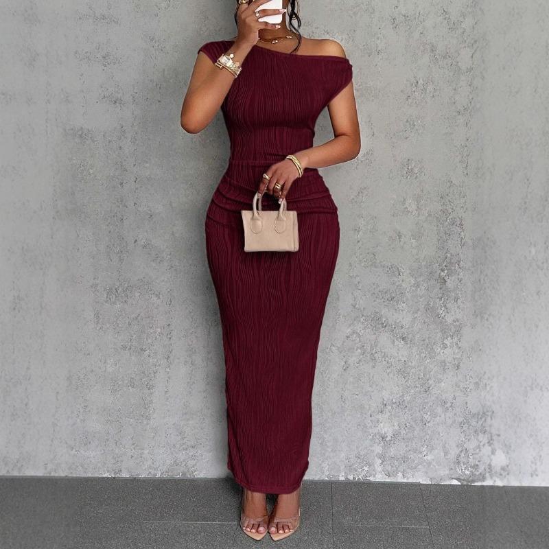 New, Cute Fashion Water Ripple Slanted Shoulder Dress In Stock