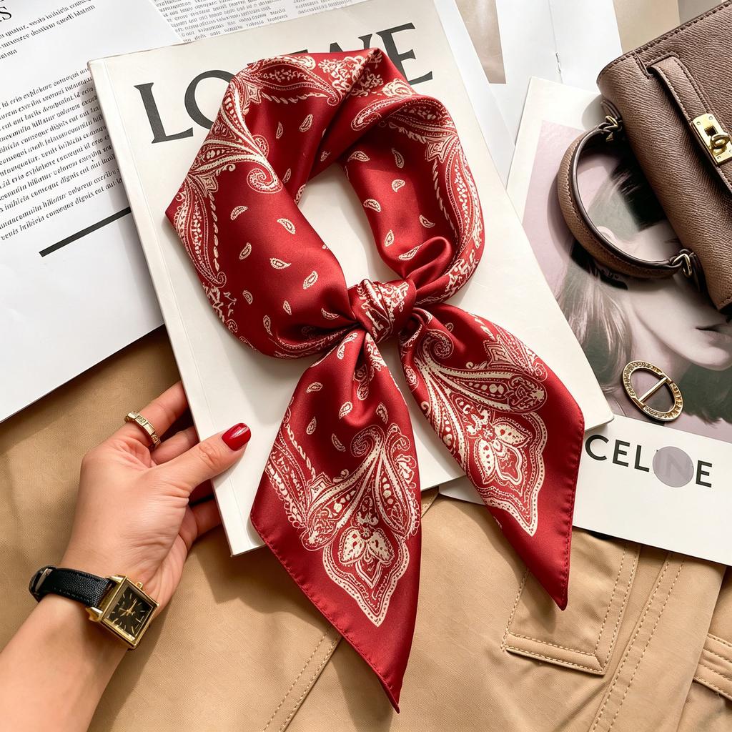 Commuter elegant flower silk scarf women's contrasting color retro printing satin scarf shirt with multi-purpose decorative small scarf