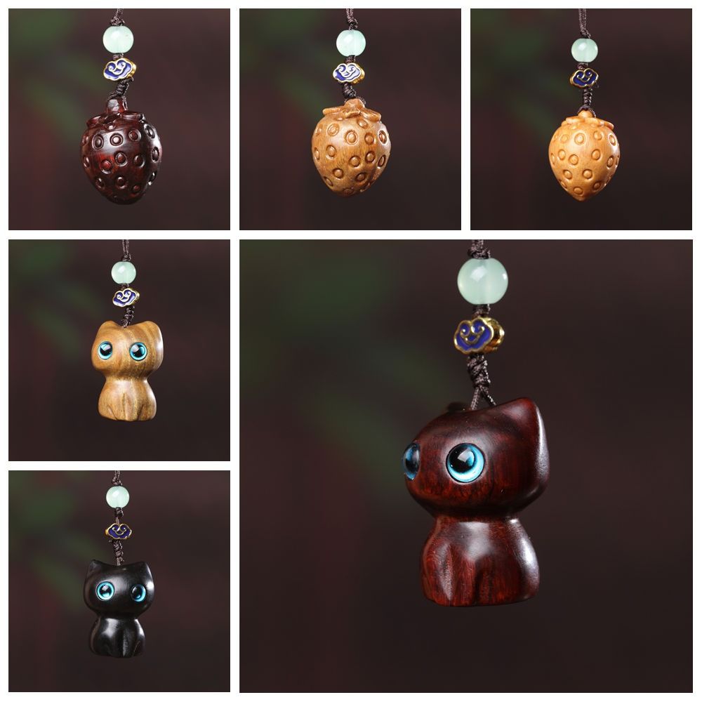 Strawberry Sandalwood Key Chain Chinese Style Lucky Cat Pendant Lucky Key Chain Strap  Men