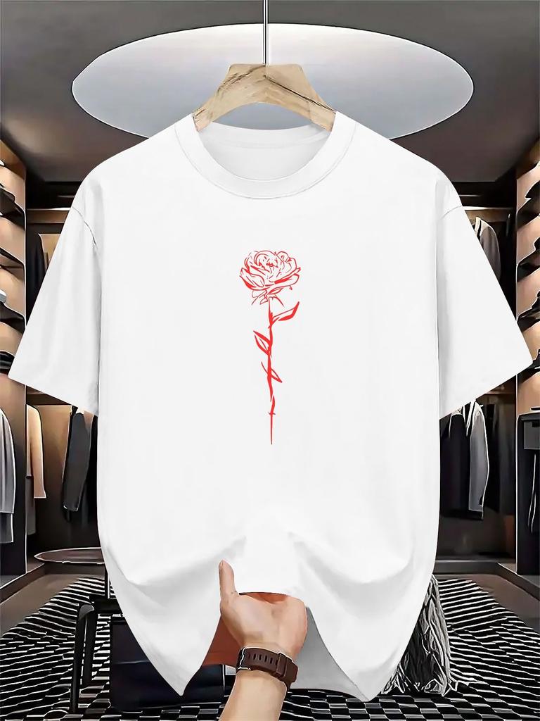Unisex Summer White Short Sleeve T Shirt Minimal Red Line Art Rose Graphic Crew Neck Loose Casual Streetwear Daily Fashio Unisexs Tops