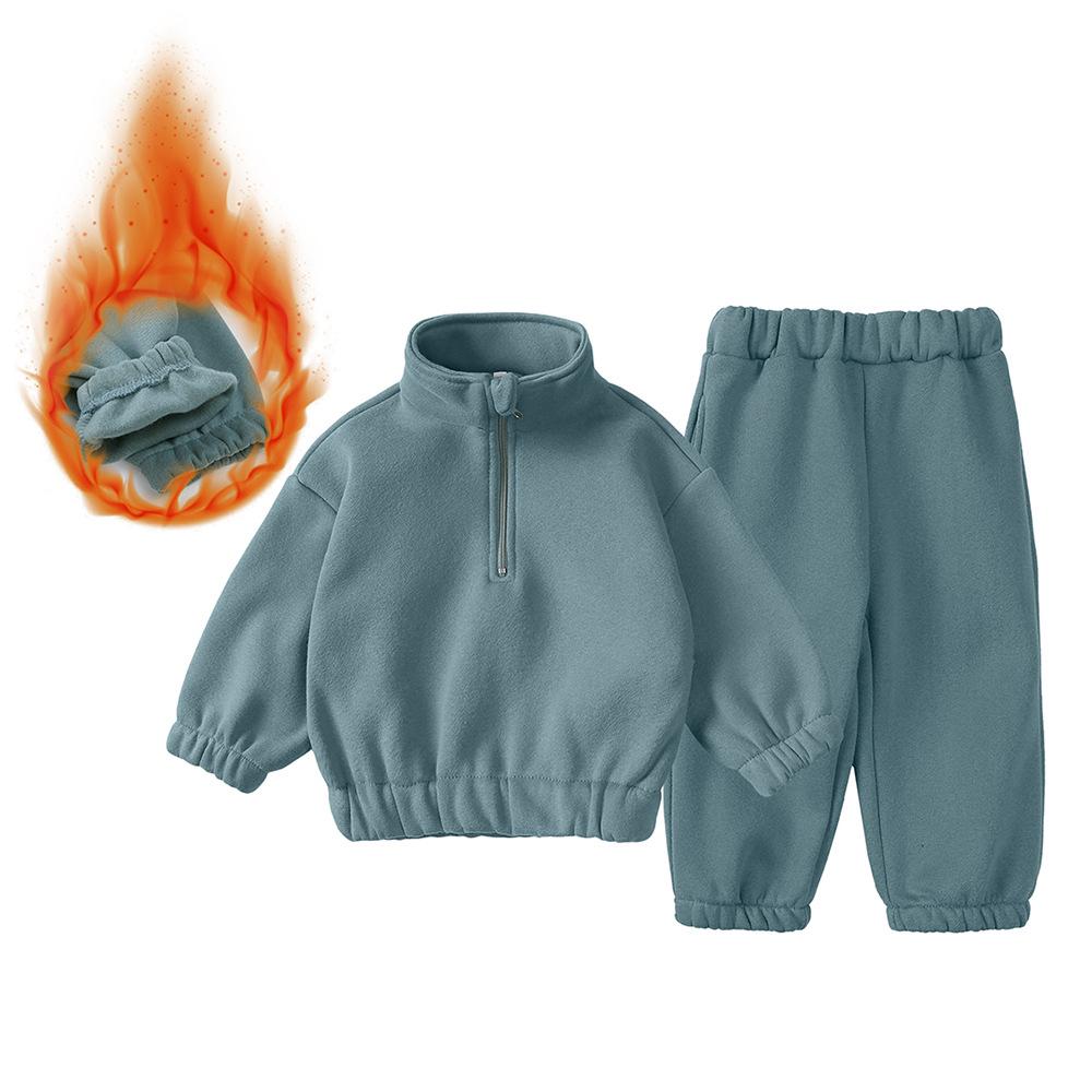 Korean version of winter clothing set for boys and girls, fashionable high neck half zipper top, leg binding pants, fleece casual set