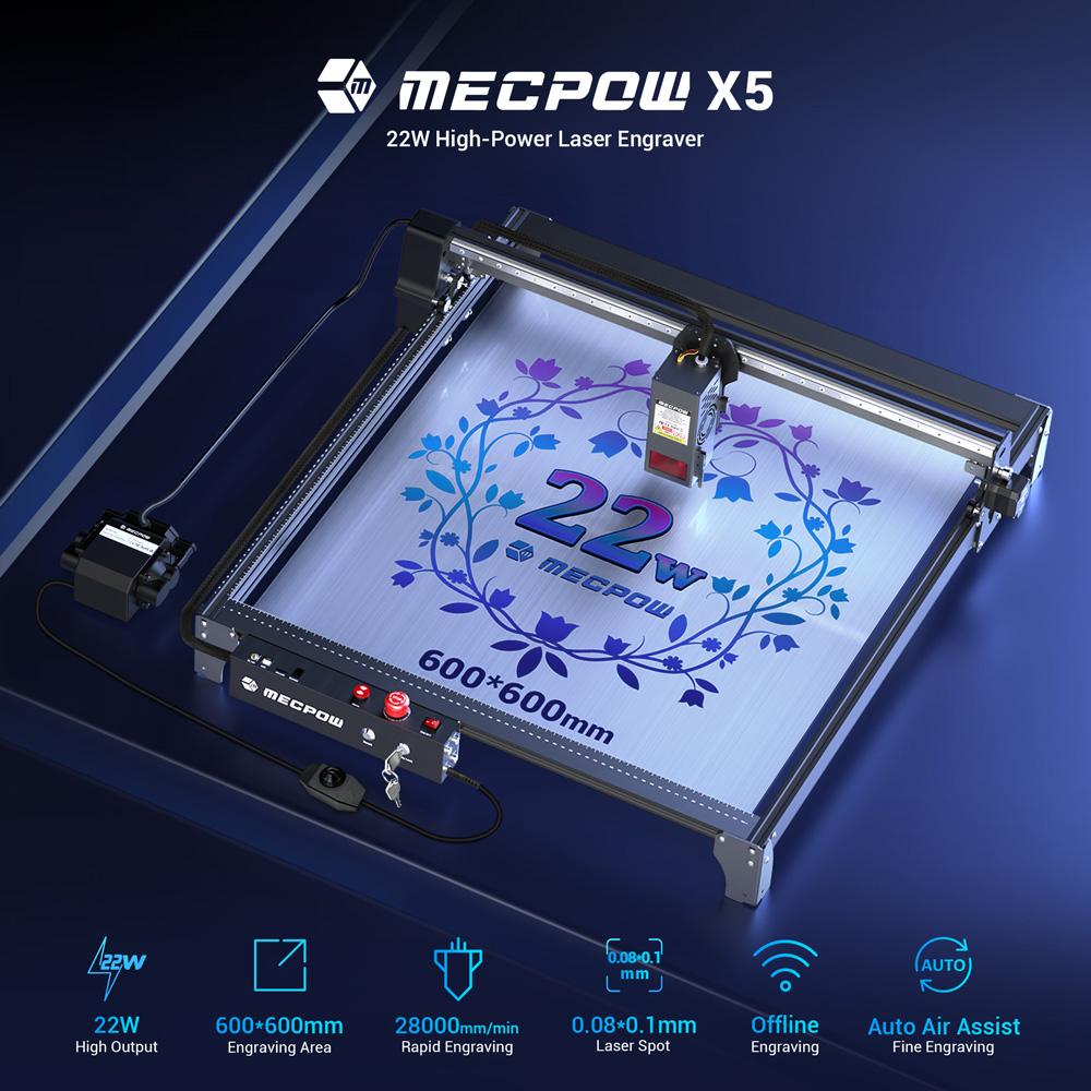 Mașină de gravat cu laser Mecpow X5 22W, zonă de gravare 600x600mm, punct laser 0,08x0,1mm cu asistență automată a aerului EU