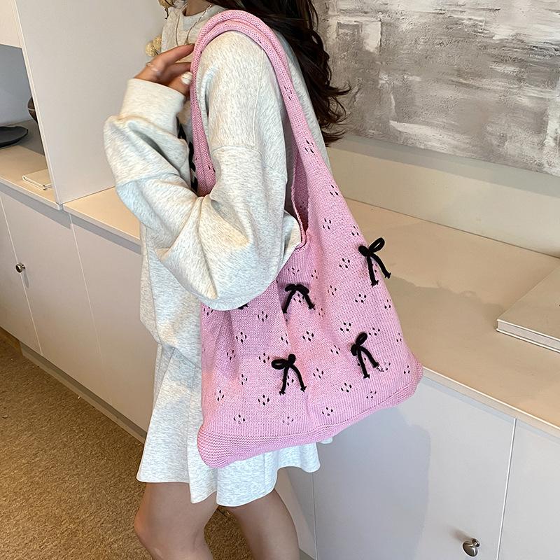 Solid Color Large Capacity Shoulder Bucket Bag Fashionable Knitted Work Commuter Bag Daily Shopper Tote For Women