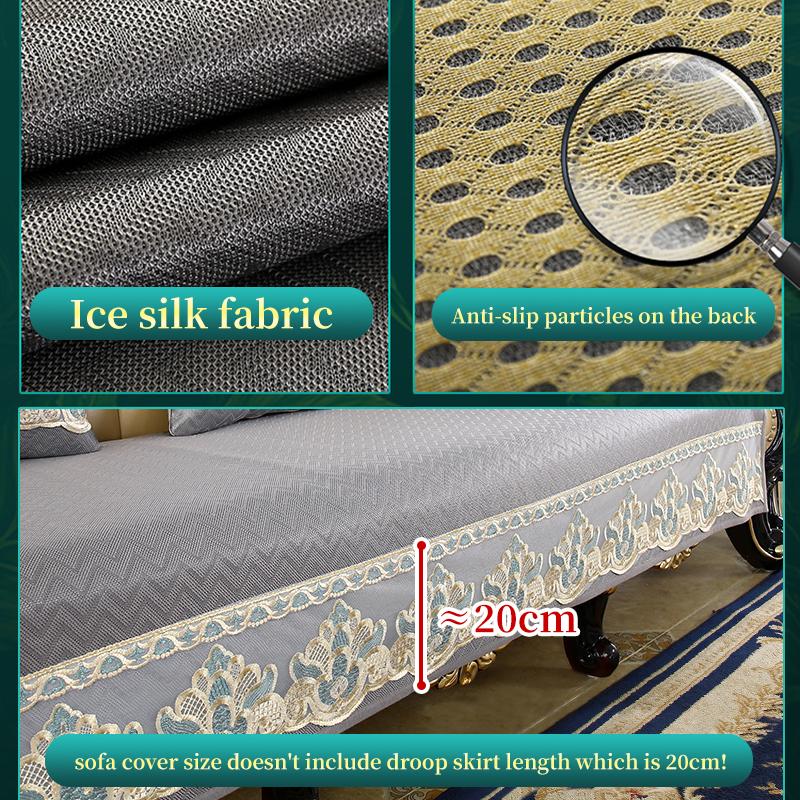 Summer European Ice Silk Fabric Sofa Cover Home Living Room Decoration Lace Hemline Non-slip Slipcover 1/2/3 Seats Sofa Cushion