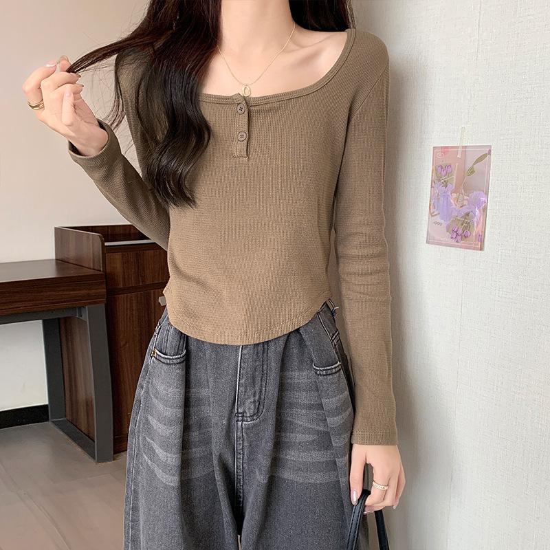 2024 Autumn Square Neck Long Sleeve T-shirt Women's Slim Fit Irregular Design Chic Short High Waist Top