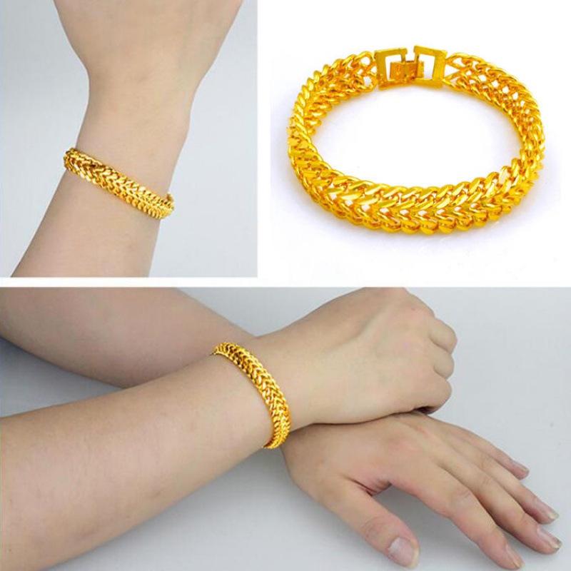Gold-Plated Brass Flat Curb Chain Bracelet: Vietnam Sand Gold Bangle - Couple Style Imitation Gold Jewelry Gift.