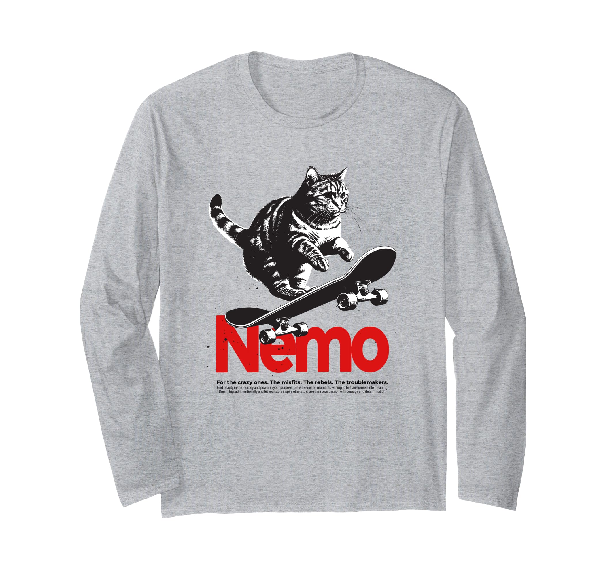 

NEMO - Cute Boy s Name with Cool Cat & Skateboard Long Sleeve T-Shirt