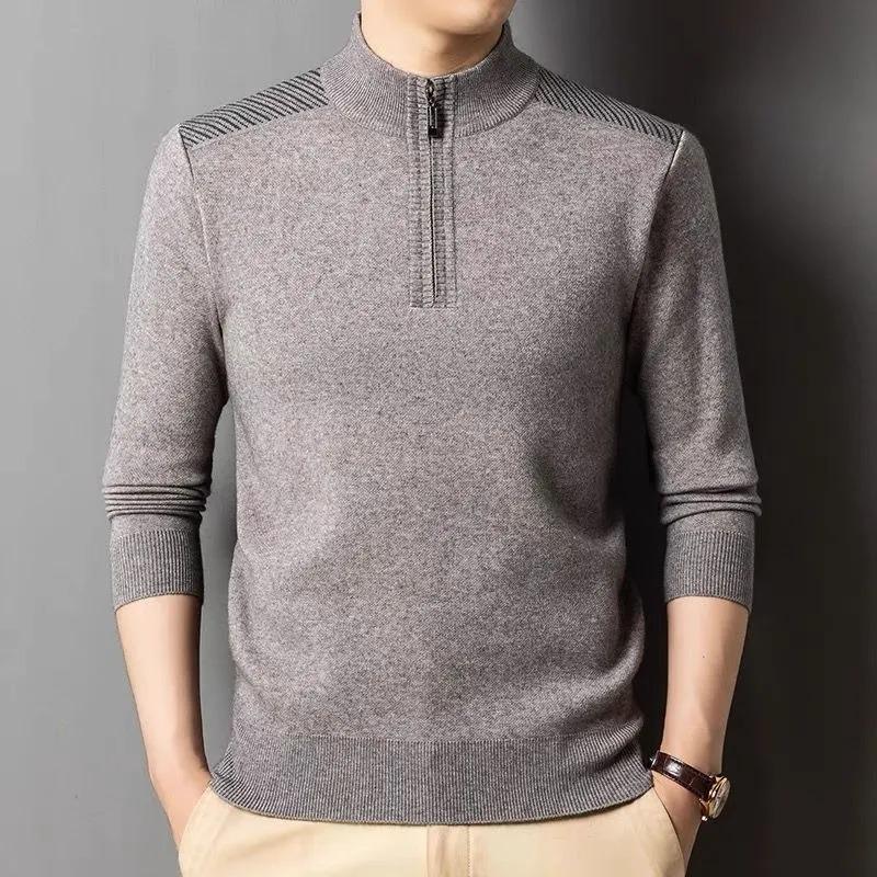 Zimní pánský svetr se stojáčkem ze silné vlny, zateplený základní pletený svetr na zip pro muže středního věku