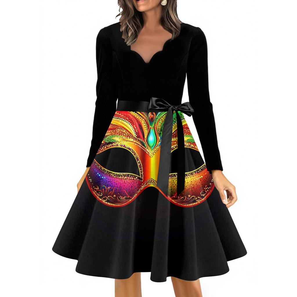 Dámské ležérní módní šaty s výstřihem do V, dlouhým rukávem, s potiskem, vintage, dlouhé