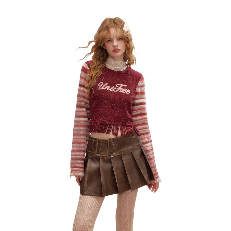 UNIFREE Color Block Striped Flared Sleeve Knit Crop Top M