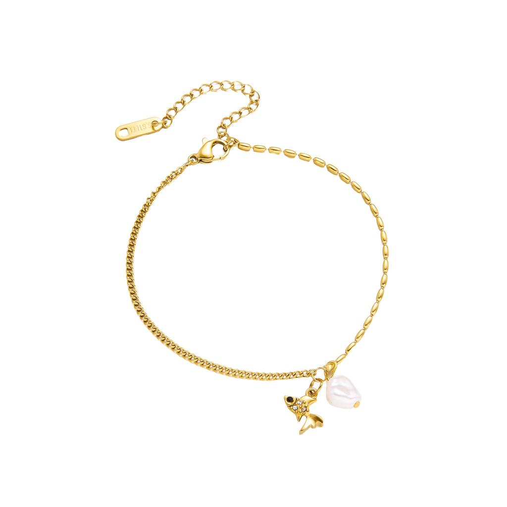 Süßes Zirkonfisch Natürliche Perle Charme Armband für Damen Edelstahl Goldfarbe Perlenkette Schmuck Valentinstagsgeschenk
