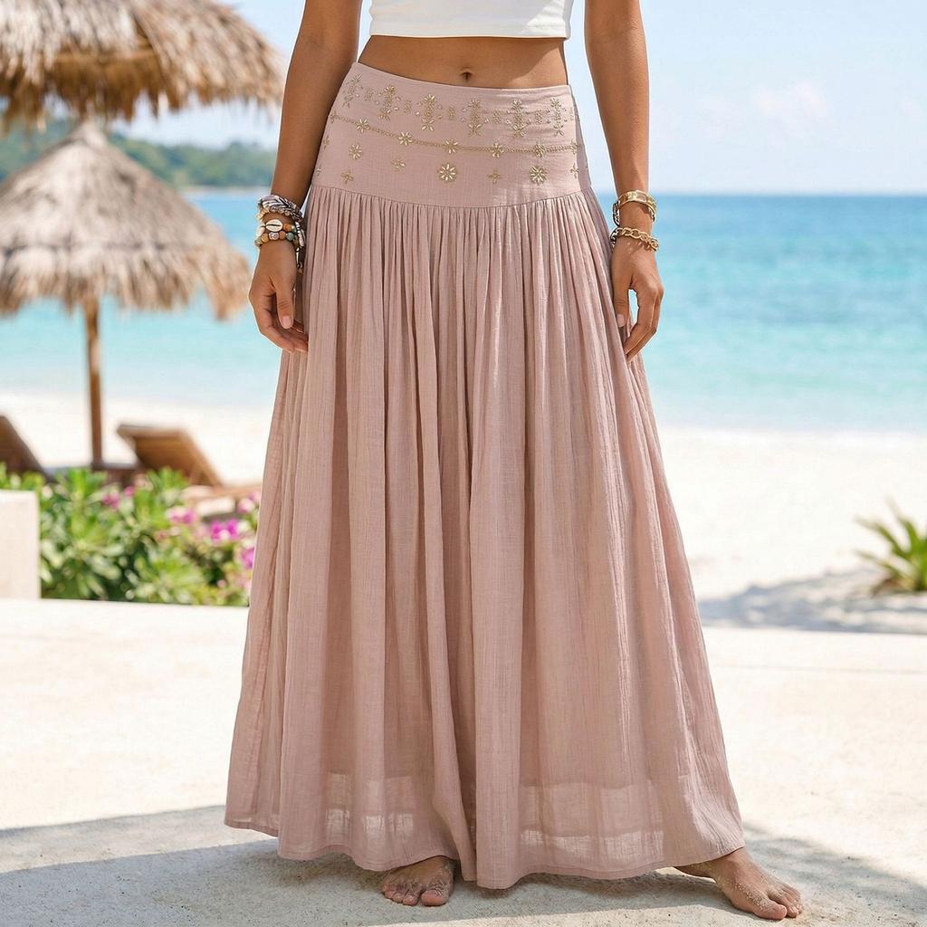 Gonna Lunga Donna Vita Alta Stile Boho Vita Elastica Gonna Lunga Pieghettata Tessuto Leggero e Fluido Abbigliamento Estivo