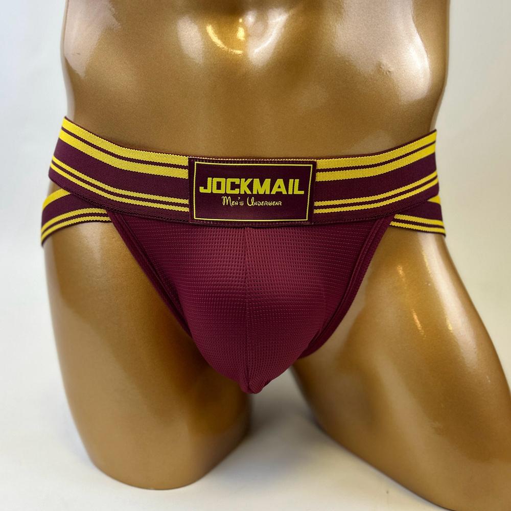 

Трусы JOCKMAIL, модное спортивное мужское нижнее белье с низкой талией, сетчатый материал, дышащие шорты в полоску ярких цветов M темно-красного