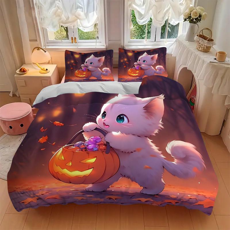 3pcs White Cat Holding Pumpkin Lantern Quilt Cover Set - Soft & Comfortable Polyester Fabric, All-Season Breathable Comforter Set For 1 Quilt Cov