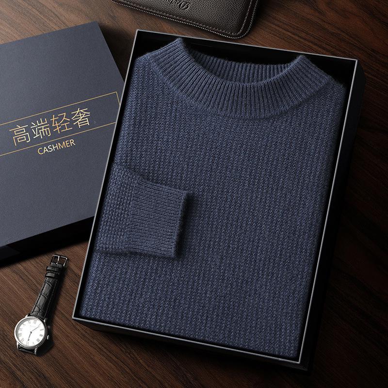 Men's Double-Ply Jacquard Cashmere Sweater - Thick, Half-High Neck, Loose Fit for Autumn/Winter Fashion.