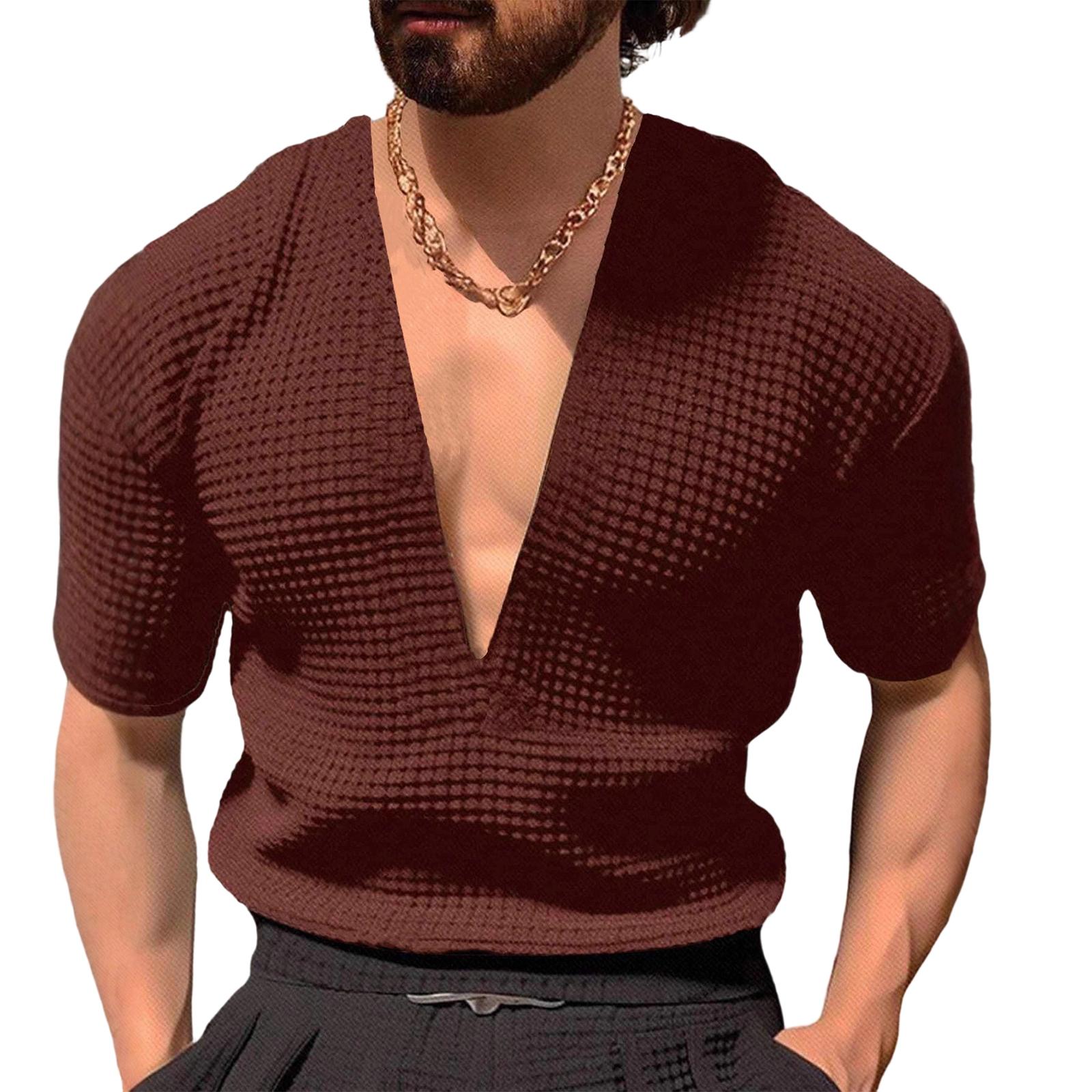 Мужская Спортивная Фитнес Досуг V-образный вырез Эластичная Большой размер Футболка с короткими рукавами M кофейный 1670₽