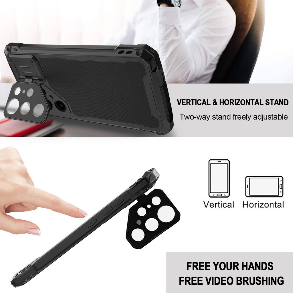 For Samsung Galaxy S24 Ultra Case Aluminum Alloy+Silicone Lens Kickstand Phone Cover with PET Film