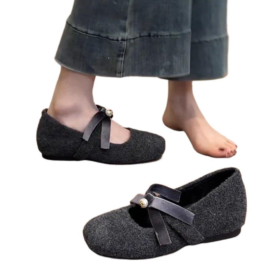 Gray Fluffy Shoes for Women To Wear Outside, New In Autumn, Woolen Inner Height Increase, Flat Bottom Soft Sole To Keep Warm, Mary Jane Single Shoes