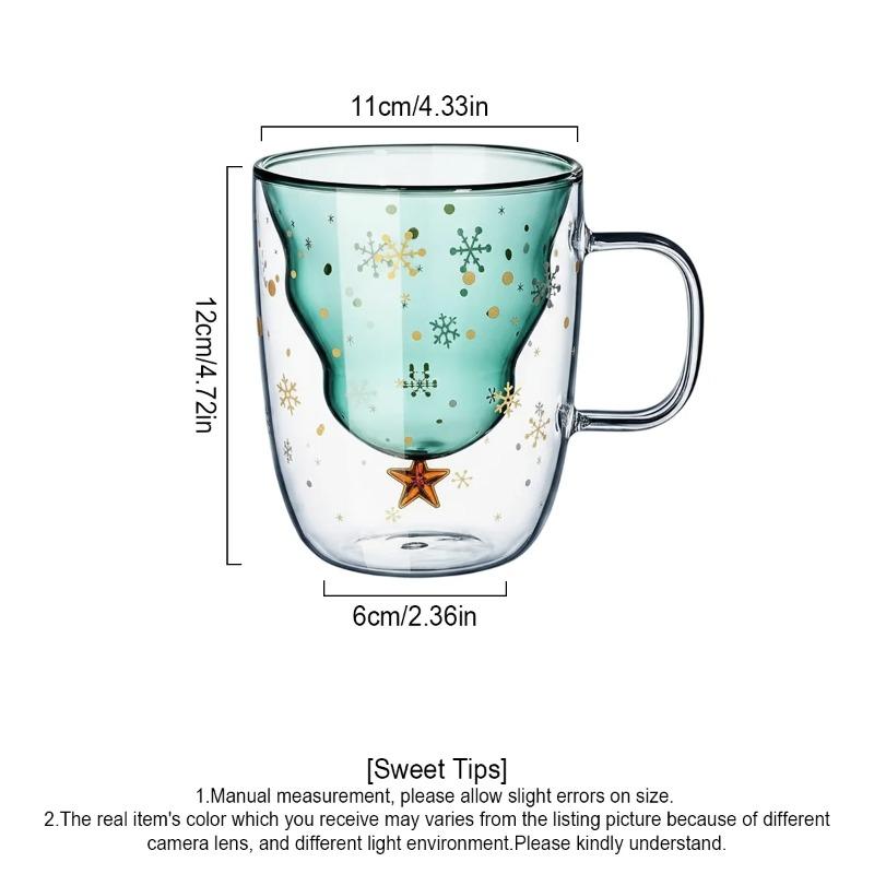 10oz Christmas Coffee Mugs, 1PCS Holiday Cups Double Wall Glass Tableware with Lid And Handle Tree Snowflake Design 300ML