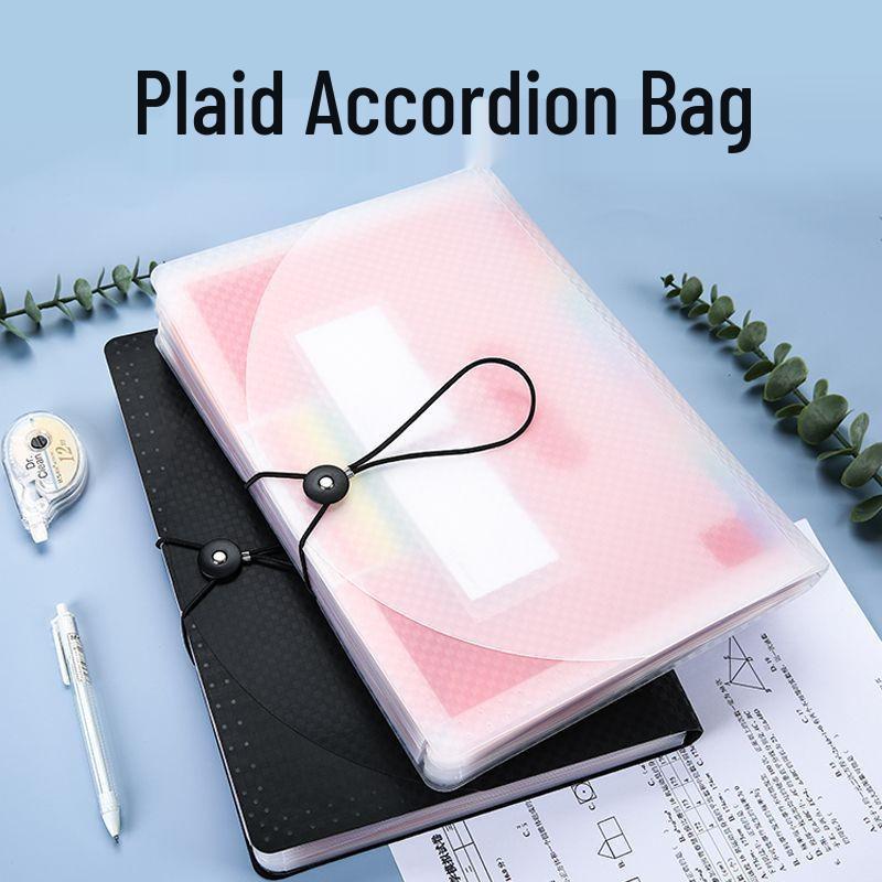 A4 Black Plaid Accordion Bag: Large Capacity, Flip Cover, PP Lanyard, Three-Sided Seal, Stand-Up Design, Rainbow Accordion.