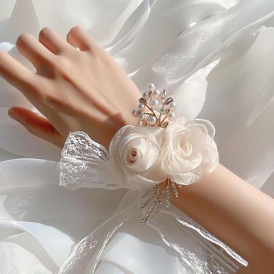 Korean Style Rhinestone Bridesmaid Wrist Corsage - Classy Hand Flower Bracelet