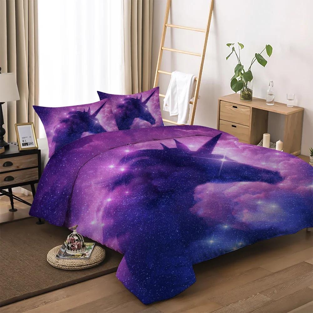 

Star Shine Unicorn Head Bedding Duvet Cover Sets Dream Cartoon Pink Purple Quilt Cover Pillowcases Home Textile Comforter Set EU Single(135*200cm)3pcs