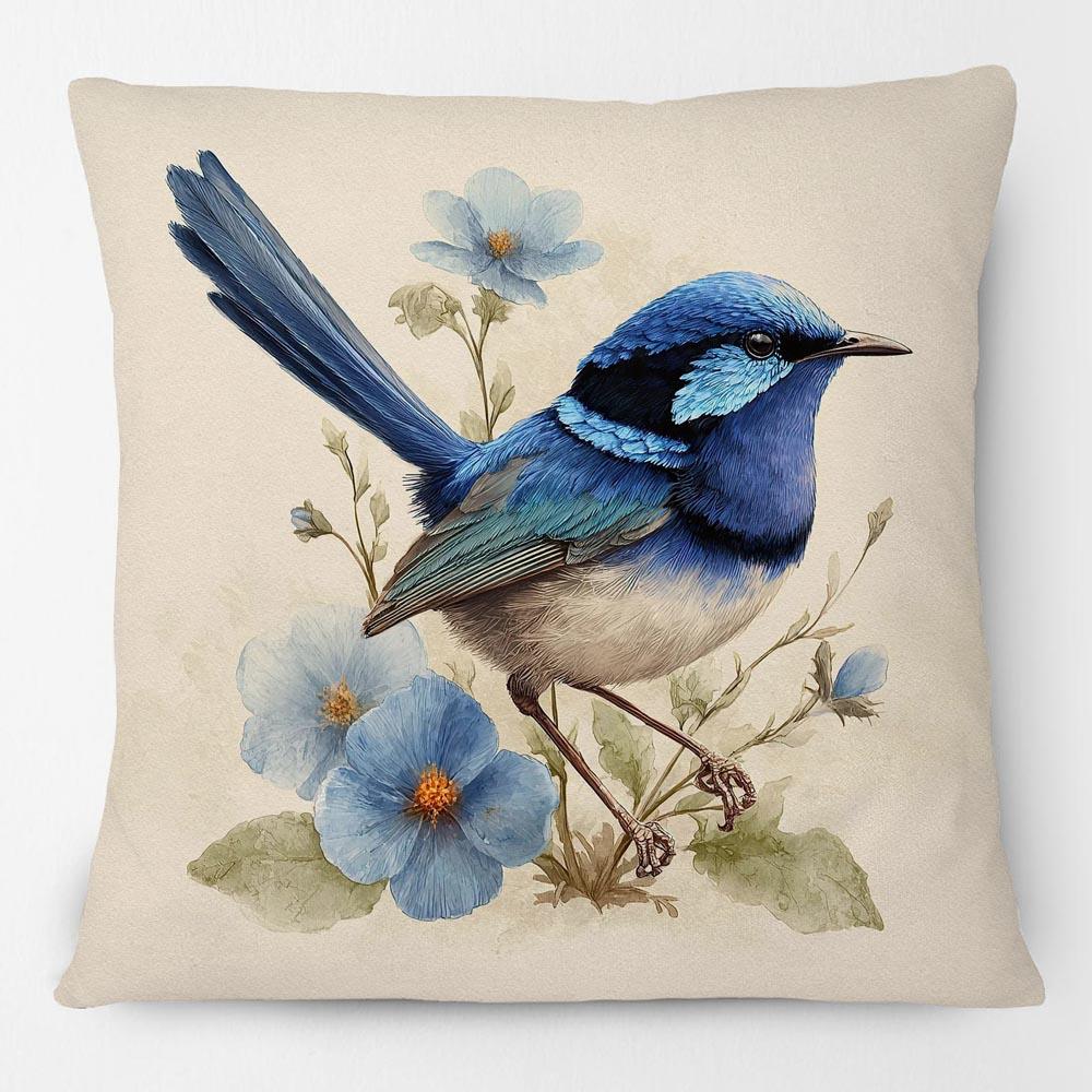 Australian Blue Wren With Flower Cushion Covers Bird Decor Sofa Decorative Pillowcase