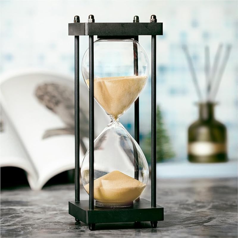 Hourglass Timer 60 Minute, Black Wooden Frame Decorative Sand Timer (Black Sand, Large Size)