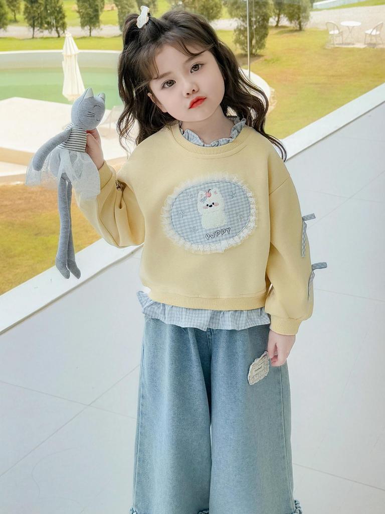 Cartoon-Sweatshirt für Mädchen mit Rundhalsausschnitt - Trendiger koreanischer Stil 2025, Frühling/Herbst, Vielseitiges Freizeit-Oberteil für kleine Mädchen