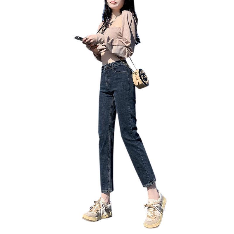 Jeans da donna a vita alta blu-grigio dritti a sigaretta, taglia grande, slim-fit, elasticizzati, lunghezza alla caviglia