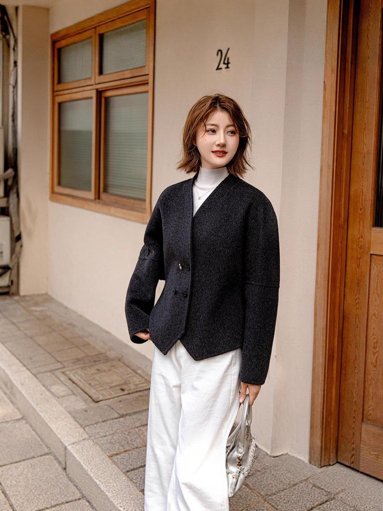 Neuer Petite Damen Kaschmir-Doppelmantel - Koreanischer Stil, Wollmischung, Weite Fledermausärmel, Kurzes Herbst-/Winterdesign