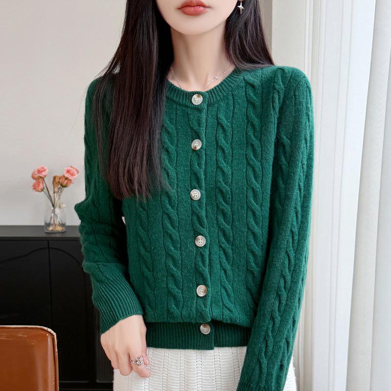 2026 A/W Women's Pure Wool Cable Knit Round Neck Cardigan Sweater - Long Sleeve, Seven-Stitch, Thickened Knit