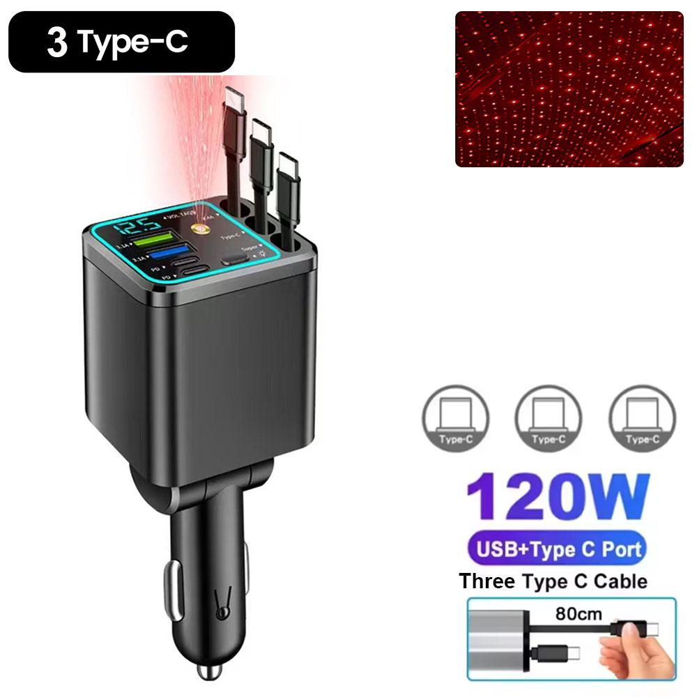7-IN-1 Car Charger Retractable Type C Cable Fast Charge Cigarette Lighter Adapter Type C USB Charger For IPhone Huawei Samsung