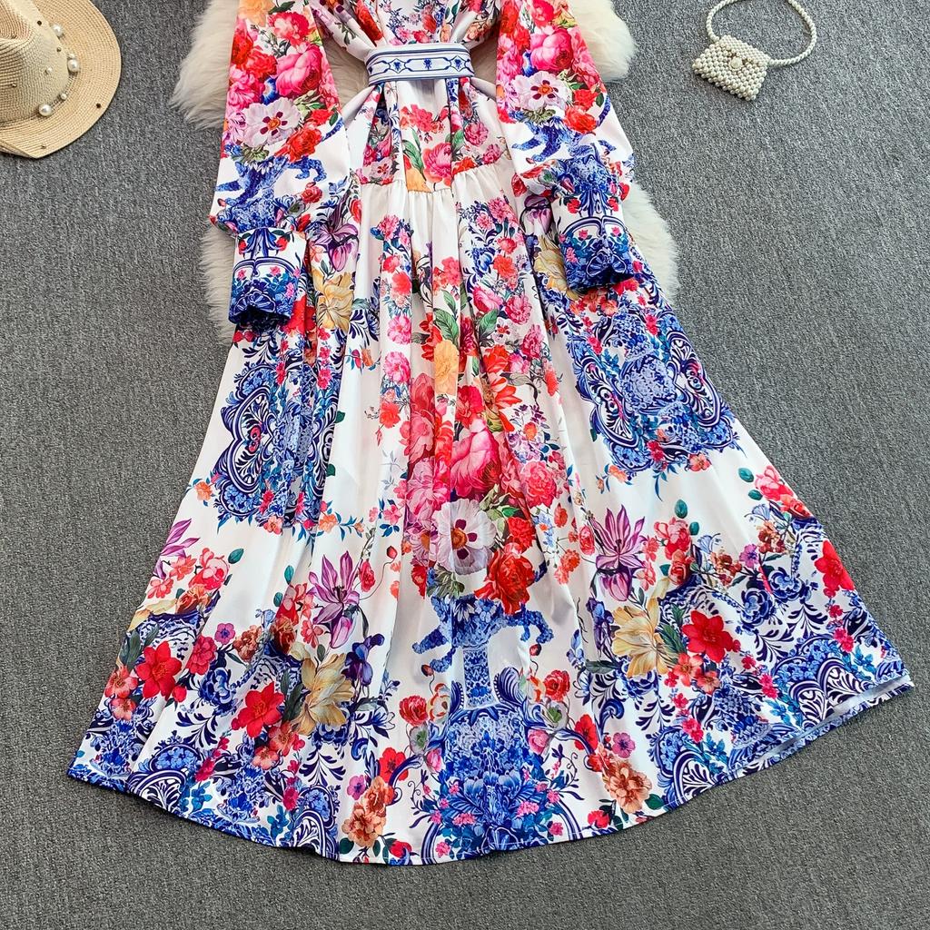 Frühling Herbst Damen Vintage Print Designer Laufstegkleid Übergroß Locker Einreihig Lang Maxi Partykleid für Abschlussfeier