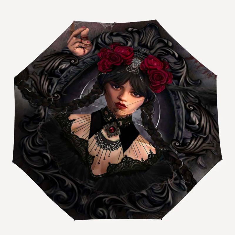 1pc Wednesday & Enigmatic Crow Cartoon Umbrella, Portable 3-Fold Compact Umbrella, Suitable for Camping, Hiking and Travel, Ideal Easter Birthday