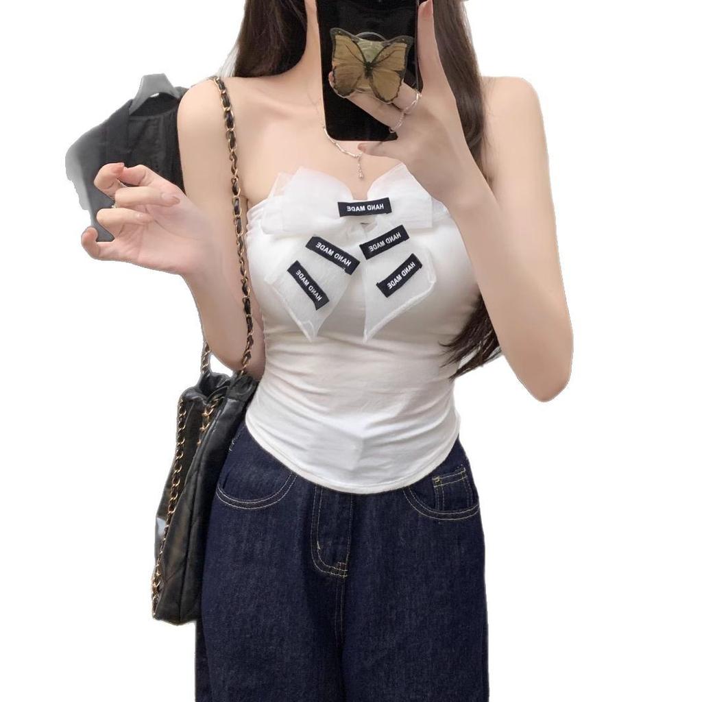 #French Spice Girl organza bow halter neck sling vest thin women spring and summer with chest pad