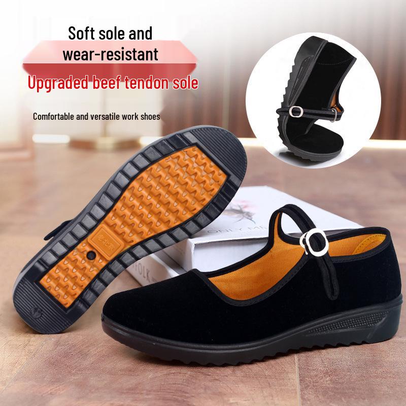 Women's Black Strap Wedge Heel Dance Shoes - Comfortable Cloth Shoes for Middle-Aged and Elderly Mothers