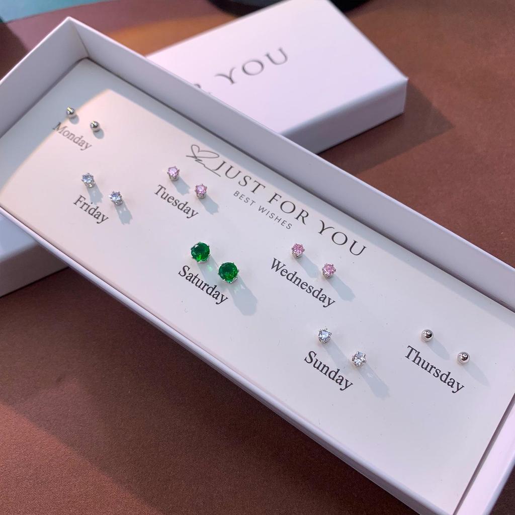 Zirkon Blumenstecker Set: 5 Paare für Damen mit Silbernadeln - Wochen-Geschenkbox