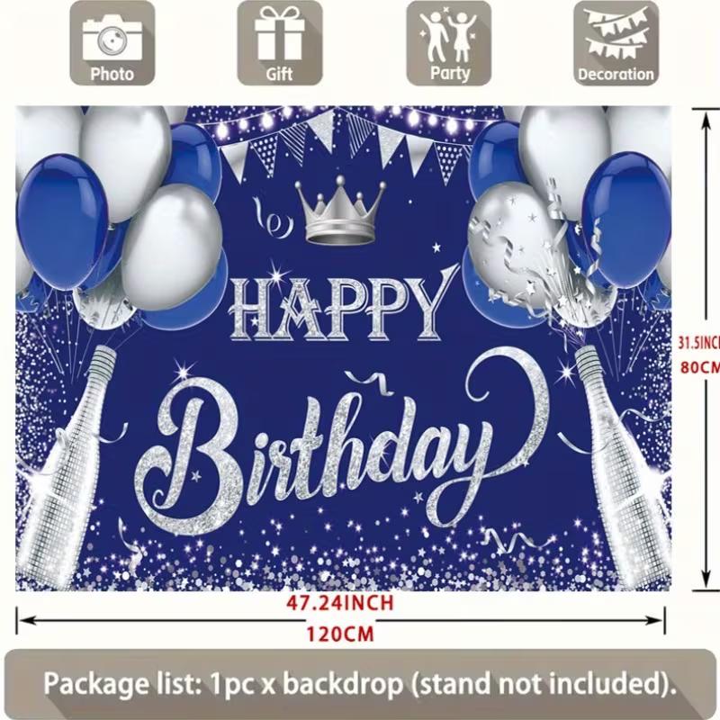 2D Glitter Silver Champagne Happy Birthday Backdrop Banner for Masculine Party Supplies