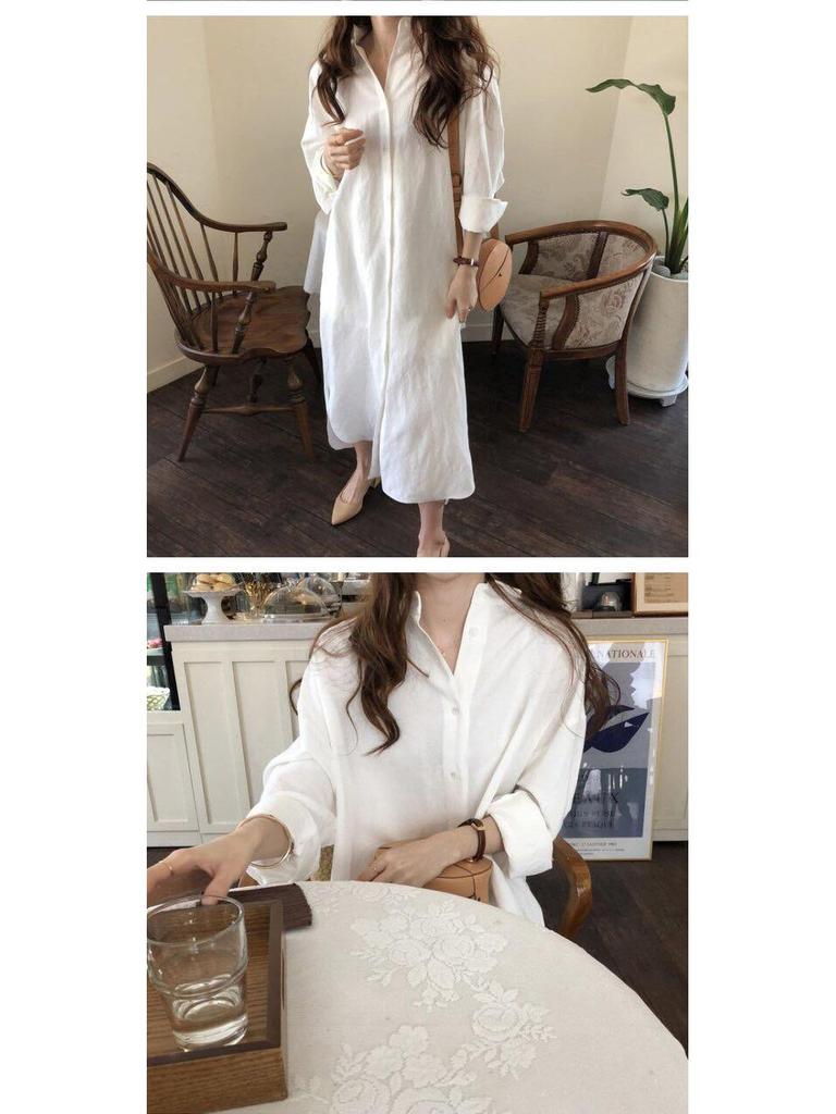 Korean Style Long Over-the-Knee Turn-Down Collar Cardigan Shirt for Women's Spring/Summer Sun Protection