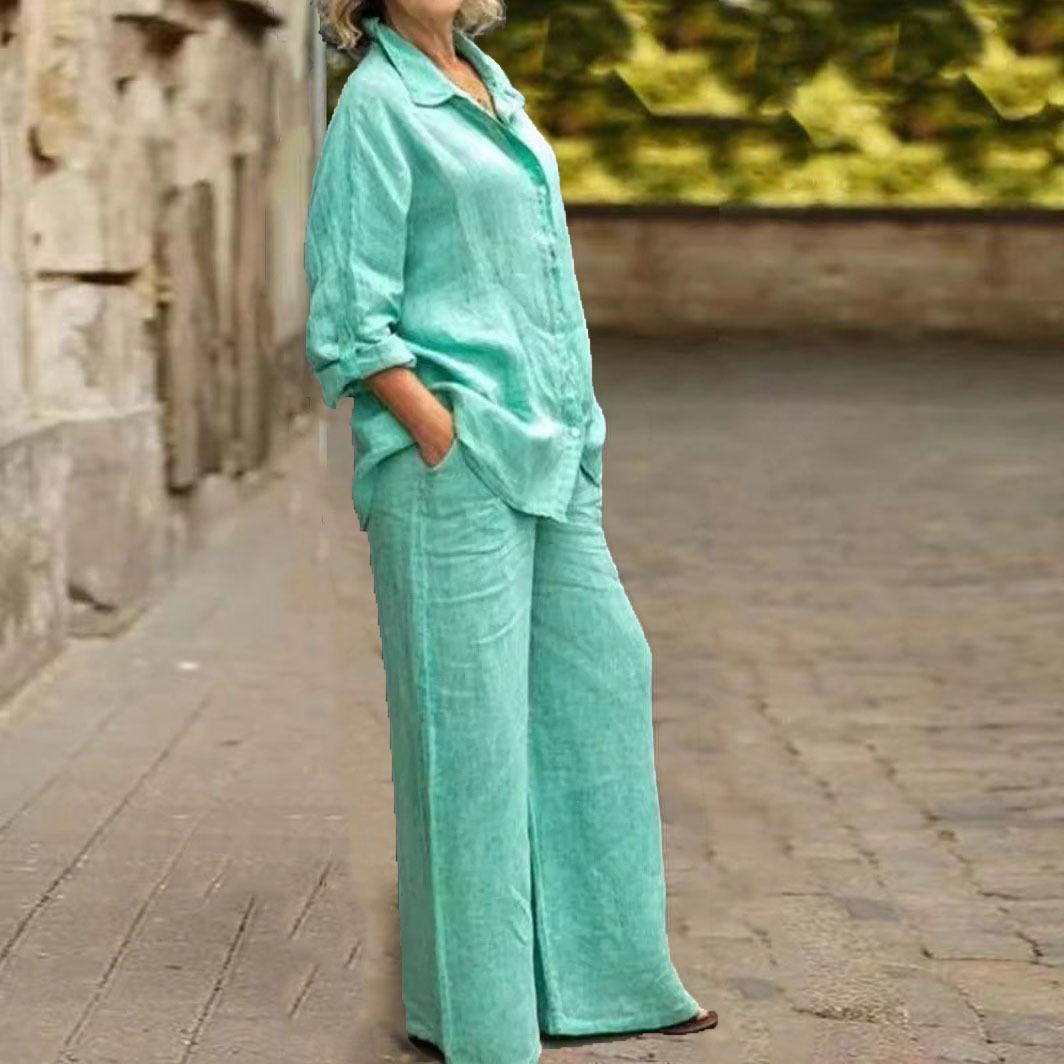 

Плюс размер 5XL женская хлопковая рубашка с длинными рукавами + брюки костюм повседневный городской костюм XS зелёный